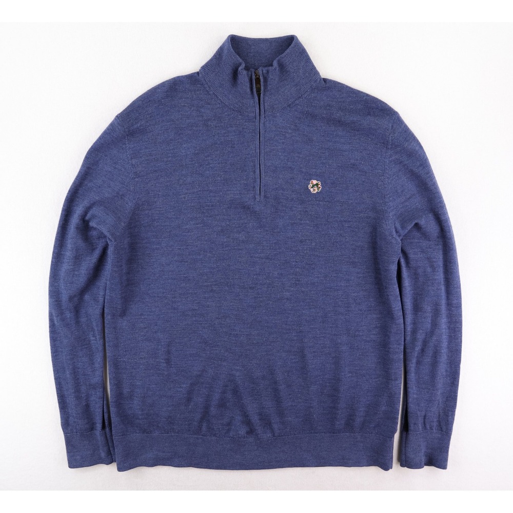 Ted Baker London 1/4 Zip Wool Sweater Mens 6 (XXL) Blue Floral Logo Pullover